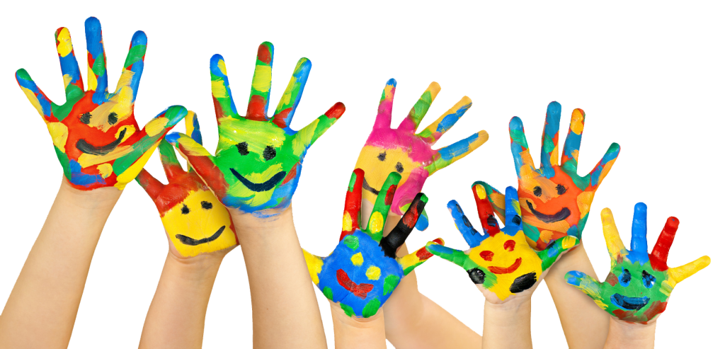 hands with paint and smiley faces