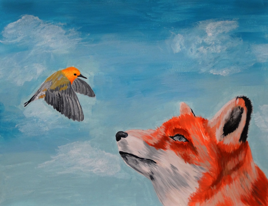 Picture of bird looking at a fox